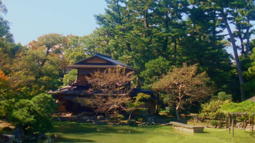 Traditional japanese house surrounded by a garden with lush trees