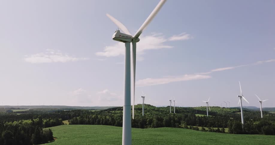 A wind farm with multiple wind turbines stands on a lush green landscape under a clear sky with scattered clouds
