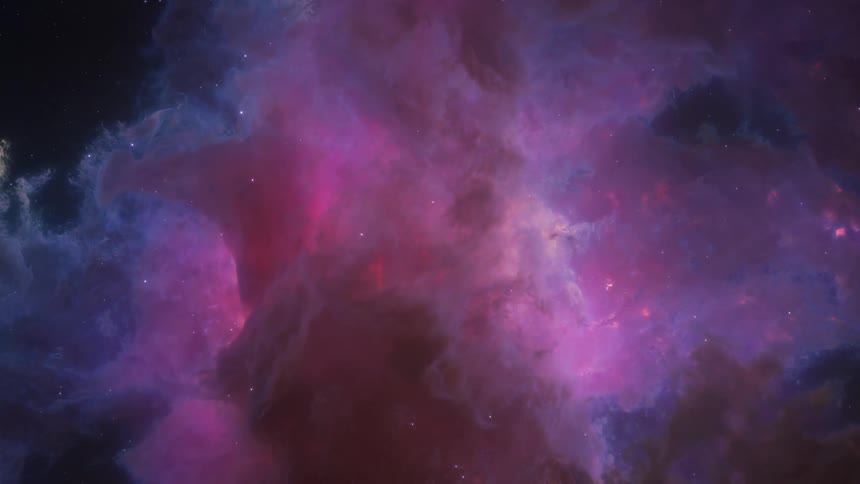 A nebula swirls with vibrant shades of pink and purple against a backdrop of deep space
