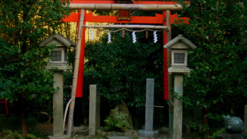 A traditional japanese shinto shrine entrance with a red torii gate flanked by two stone lanterns surrounded by lush green foliage