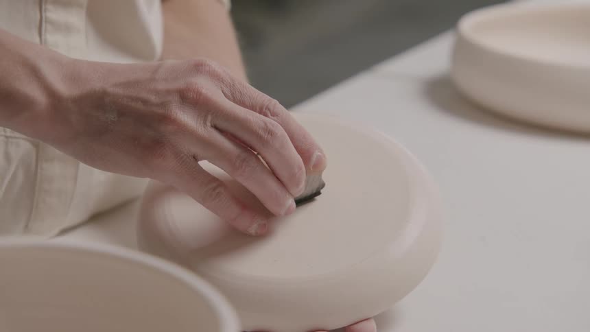 A person stamps the bottom of a freshly made clay pot