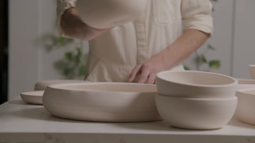 A craftsperson carefully examines a collection of smooth handcrafted ceramic bowls