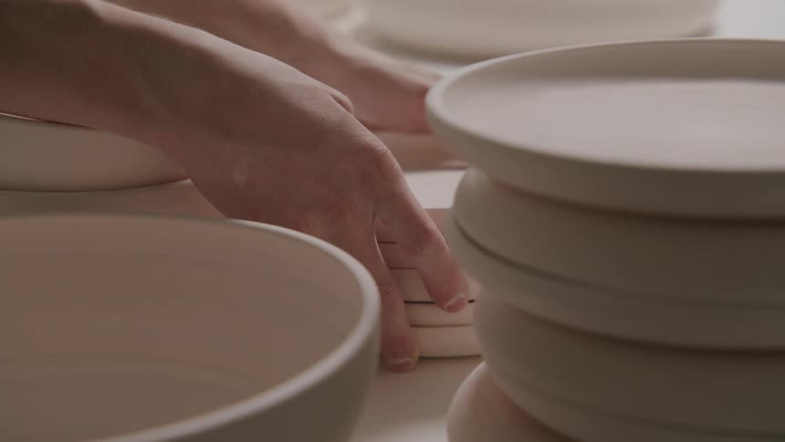 A person puts down a stack of plates