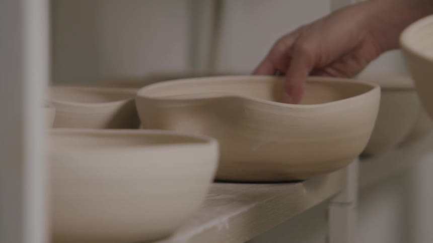 A clip of a person arranging bowls on a furniture