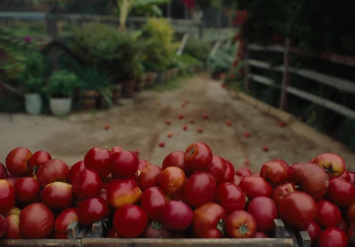 Tomatoes in boxes at the back of a vehicle transporting them from a farm into a dusty road outdoors during day time