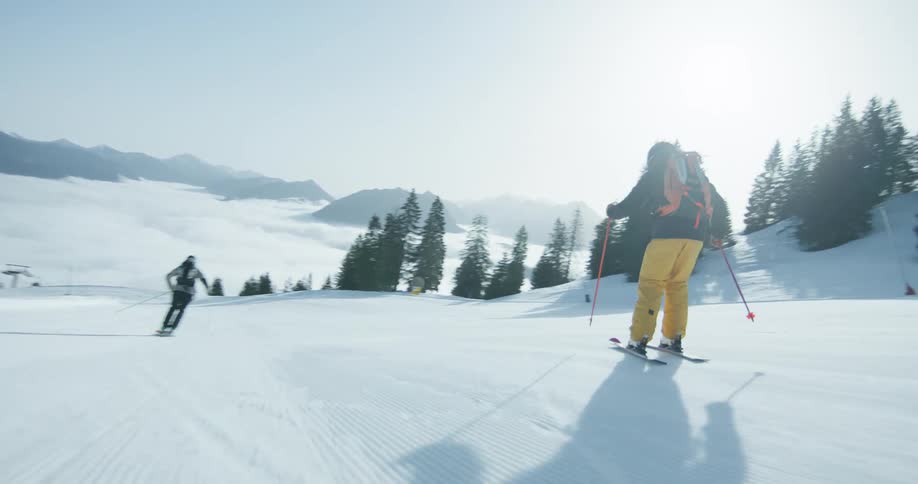 Two skiers are descending a snowy slope surrounded by pine trees and mountains under a clear sky