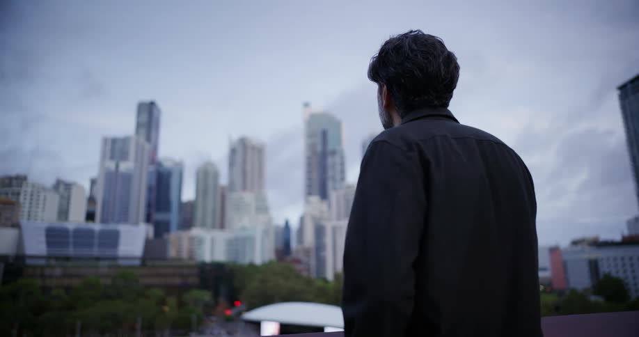 A man stands with his back to the viewer gazing at a city skyline on a cloudy day