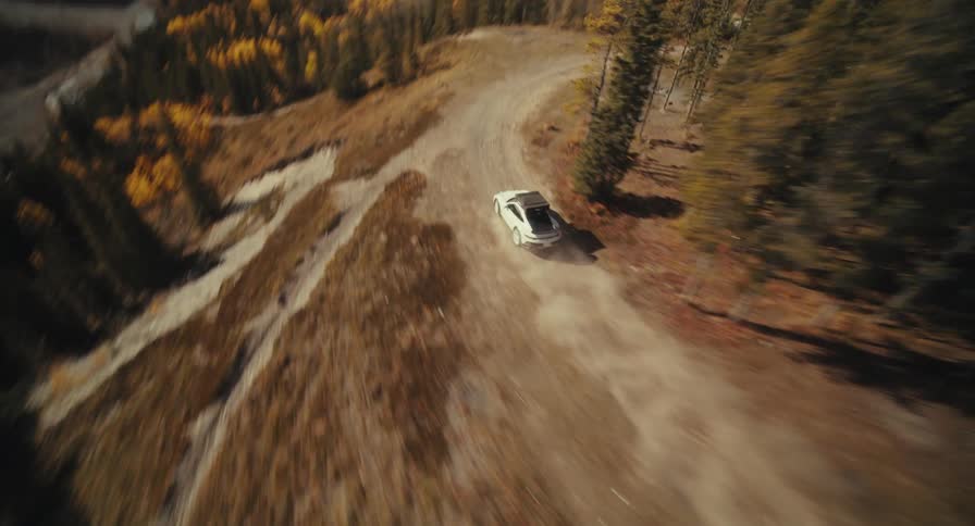 Car speeding on a dusty mountain road surrounded by trees during day time