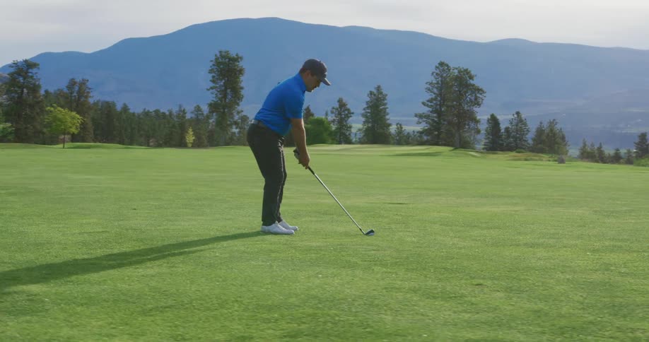 A man in a blue shirt is preparing to hit a ball on a golf course with green grass