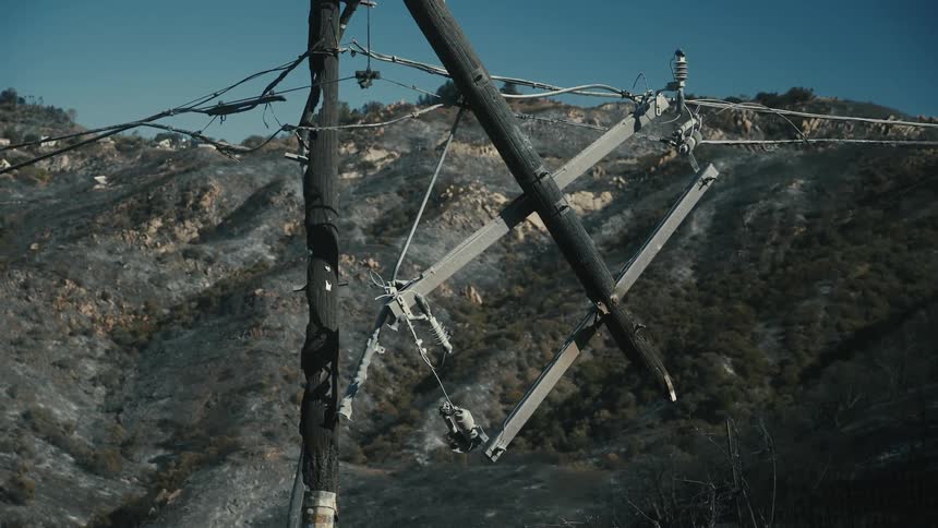 An electric pole that has its top broken and is hanging by the power lines