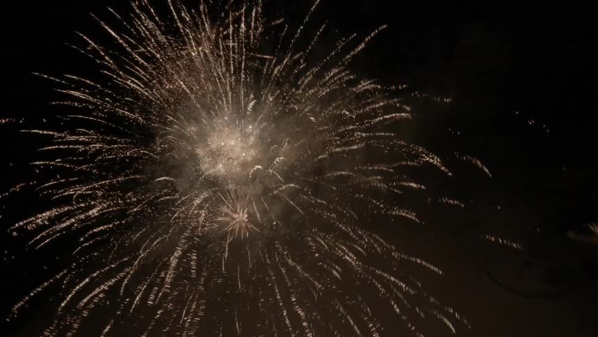 Fireworks explode in the night sky with bright white and golden sparks