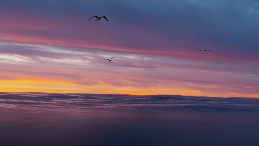 A view of some birds flying over the blue and orange sky in the late afternoon and some waves in the sea below