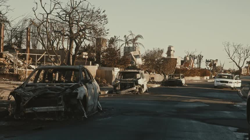 Some cars completely destroyed on an asphalt street