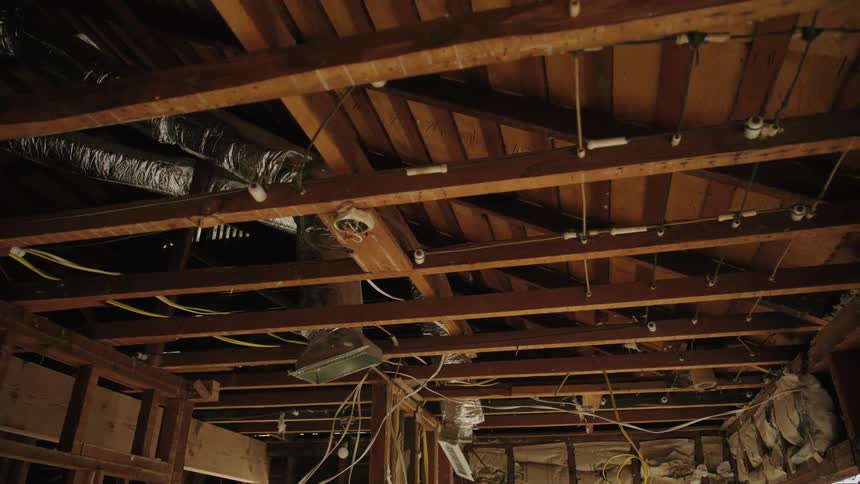 Interior view of a wooden ceiling under construction