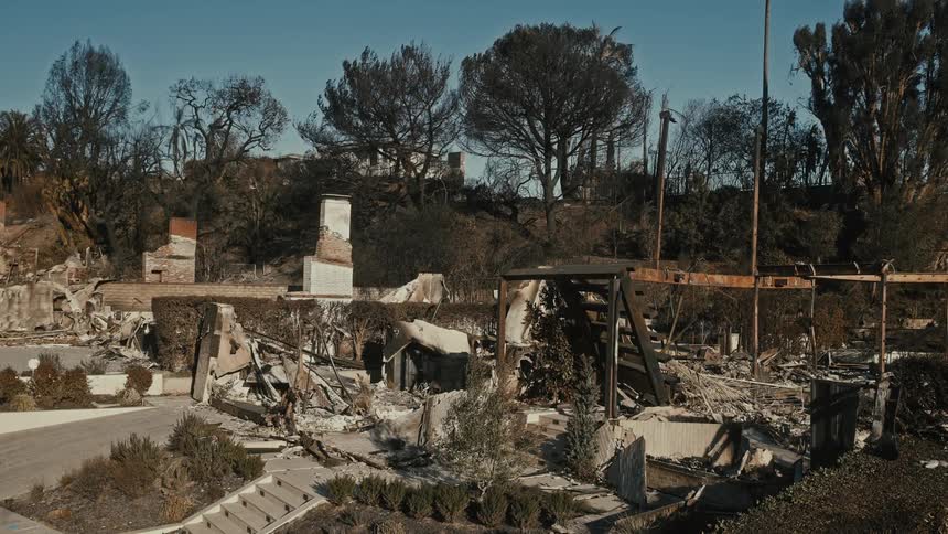 Landscape of destruction with charred remains of buildings standing chimneys and burnt trees