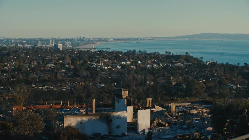 An aerial clip of a ruined community