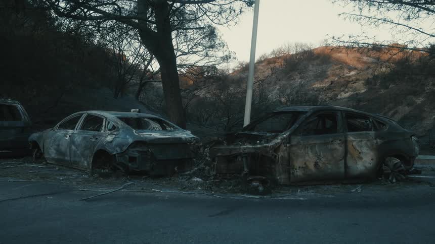 Two heavily burned cars sit on an asphalt road with a backdrop of charred trees and a hillside