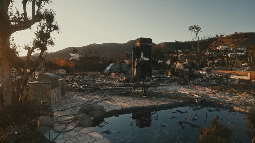 A completely destroyed building with several pieces of debris scattered around and a small pool nearby