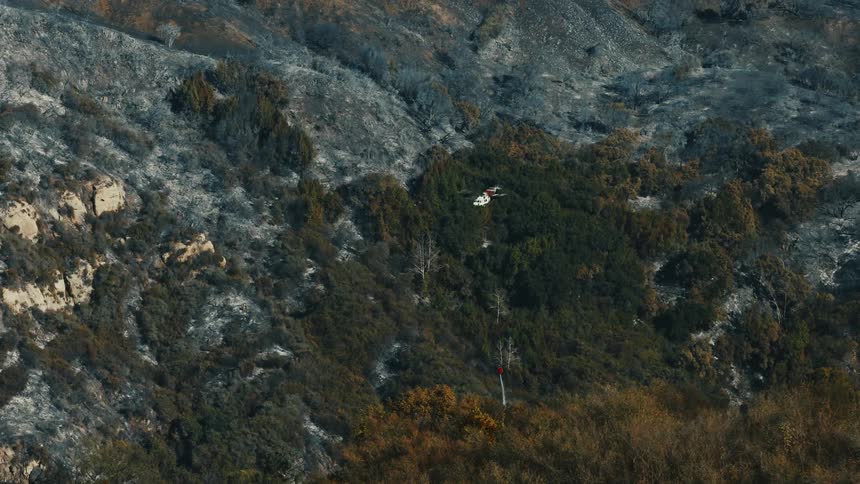 Helicopter dumps water onto trees near burnt terrain