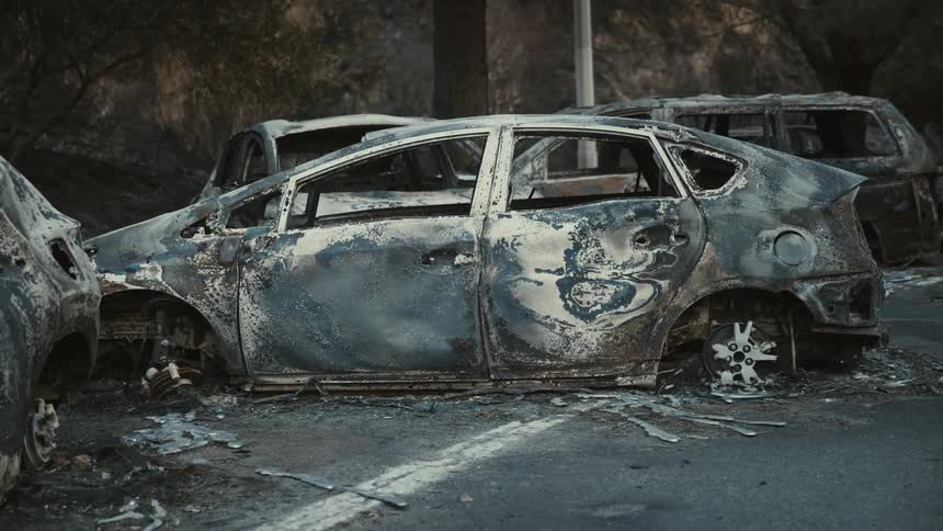 A row of charred and damaged cars line a street