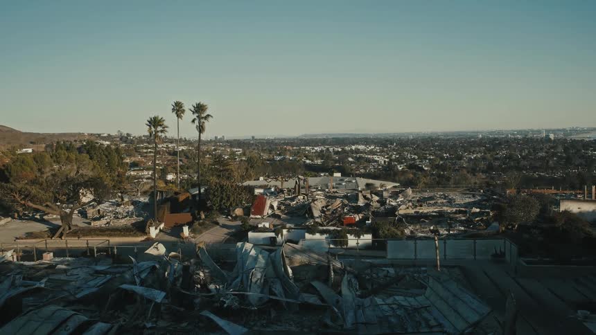 Aerial view reveals a devastated landscape where the rubble of a destroyed area contrasts with the palm trees