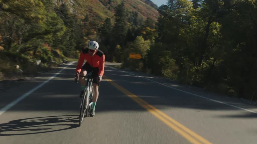 A cyclist wearing a red jacket is shown riding down a road with a forested landscape surrounding it