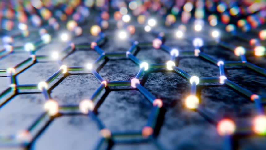 A network of interconnected hexagonal shapes with glowing nodes against a textured grey background