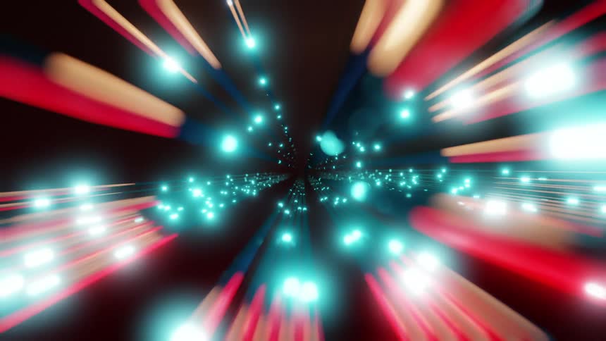 Light beams in shades of blue and red extend at high speed