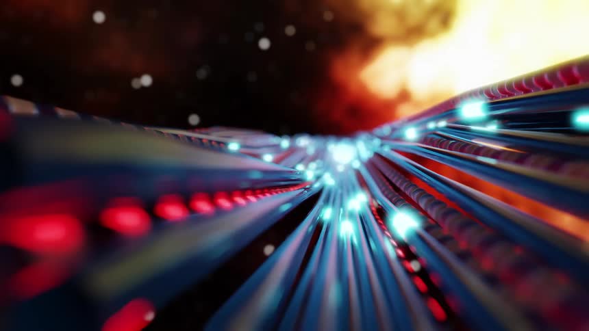 Threads of blue and red light intertwine across a futuristic landscape reaching toward a vibrant incandescent cosmos