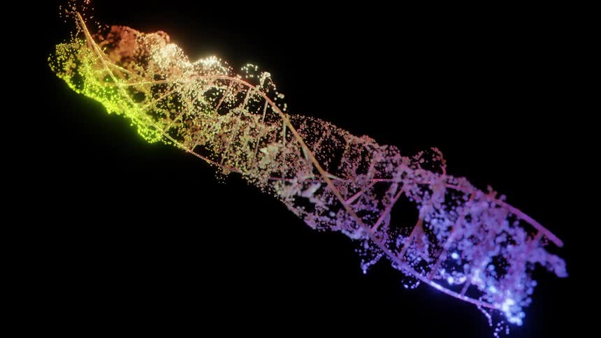 A colorful glowing representation of a dna double helix structure with particles emanating from it set against a black background