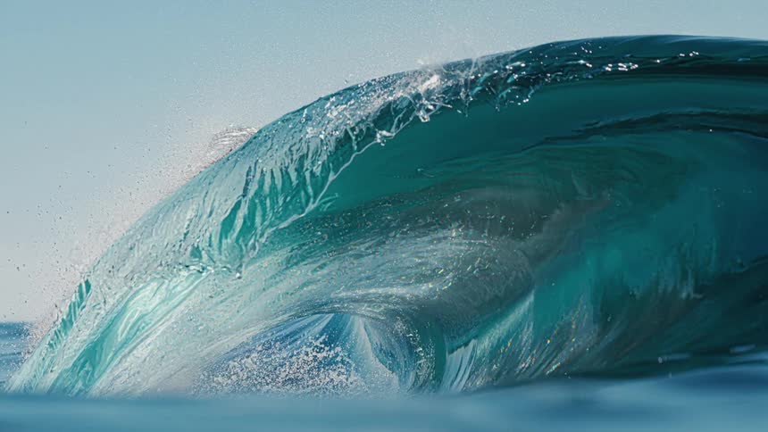 Sunlight reflects on the large crashing blue wave