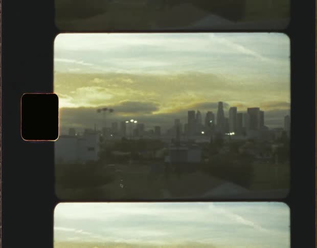 Downtown Los Angeles Skyline at Sunset from the Window of a Car on Super 8mm