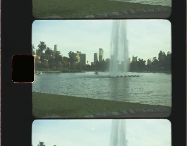 Los Angeles Skyline Behind Water Fountain on Super 8mm (Clip #2)