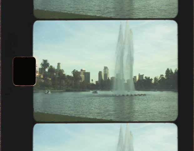 Downtown LA Skyline behind Water Fountain on Super 8mm