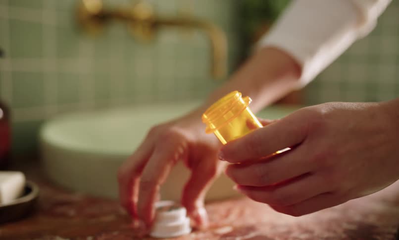 Pair of hands opening a tube of medicine and taking out a pill