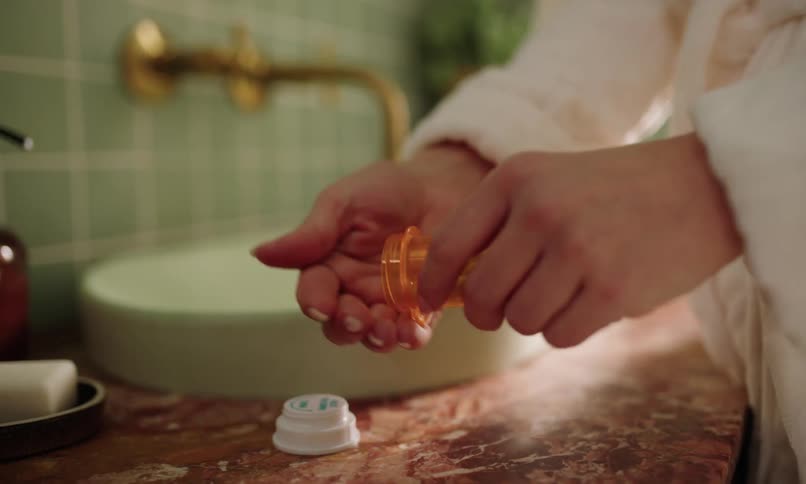 In a bathroom setting a person in a white robe opens a prescription bottle and pours yellow capsules into their hand