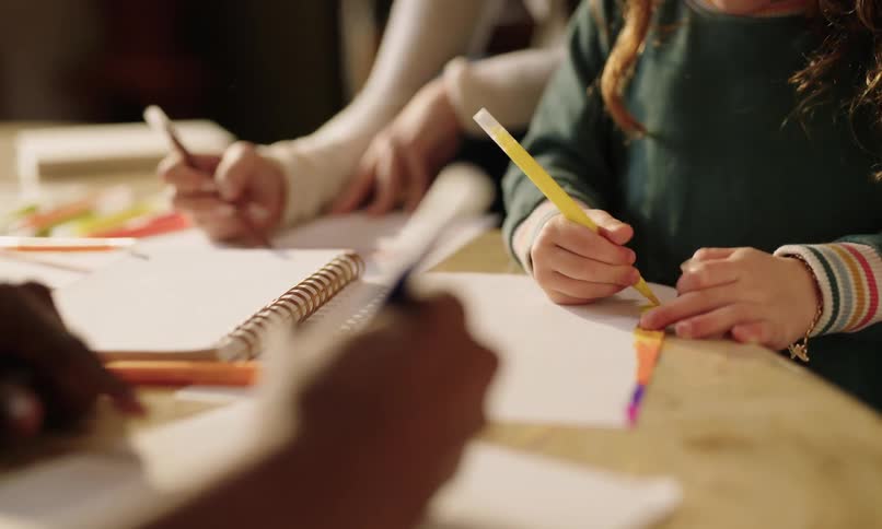 People draw and color while sitting together at a table