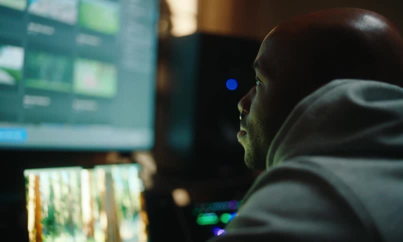 A man in a hoodie is intently focused on a computer screen displaying multiple blurred thumbnails with dim lighting highlighting their profile