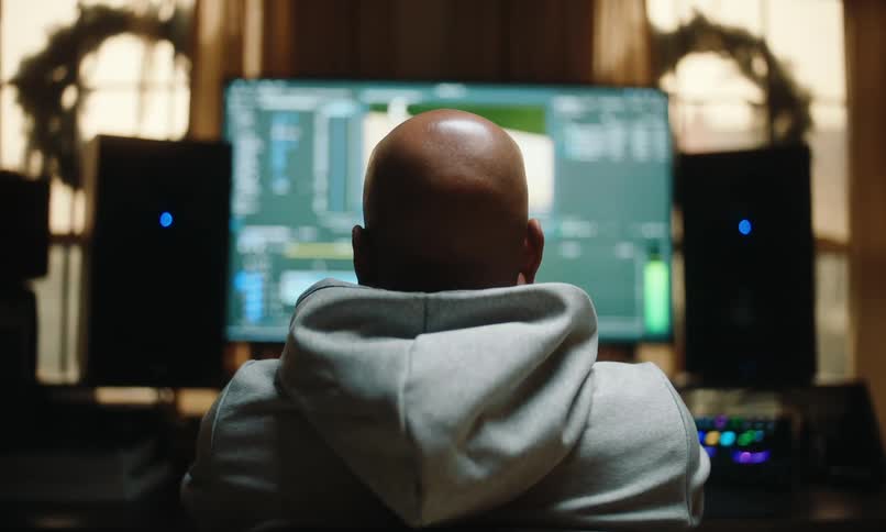 A bald headed man in a gray hoodie sits facing a computer with audio software open flanked by two monitor speakers with a blurred background of wreaths and curtains