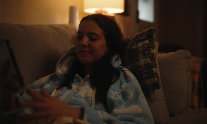 Woman lying on the sofa in the living room taking a selfie with a smartphone