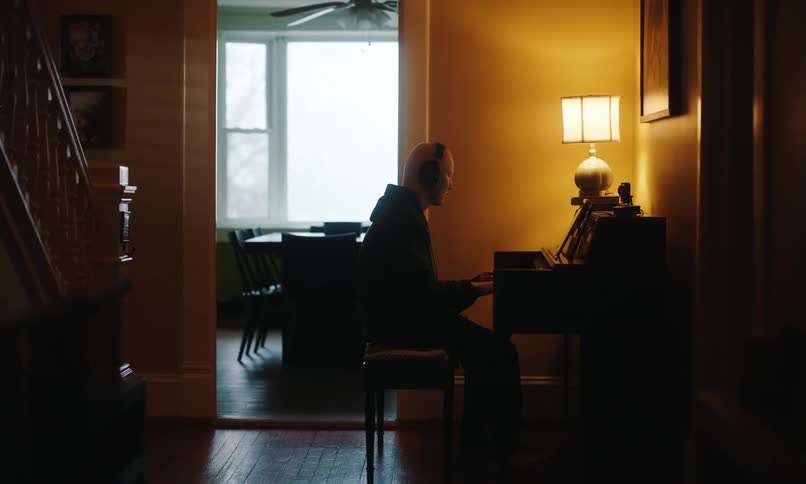 A person wearing headphones is silhouetted while playing a piano in a dimly lit room with a glimpse of a brighter dining room visible through an open doorway