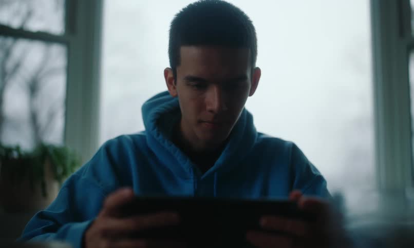 Youth sitting near the window plays a game on his device