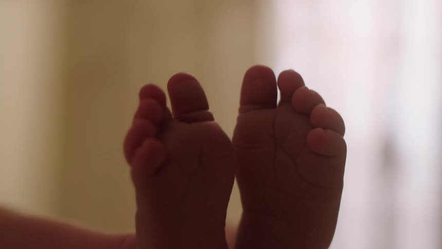 Closeup of a babys feet suspended in the air