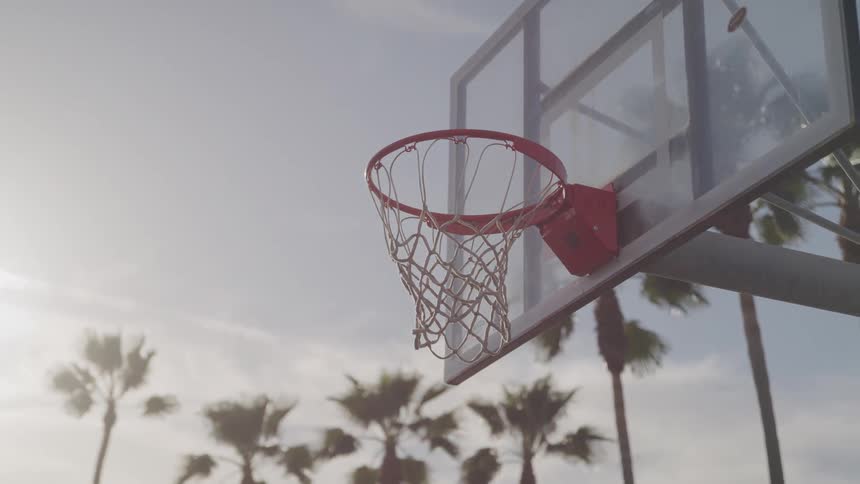 A basketball hoop with a red rim and white net stands silhouetted against a hazy sky with palm trees visible in the background