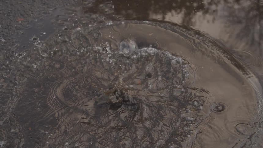 A person wearing brown shoes and dark pants steps into a puddle causing water to splash around the foot