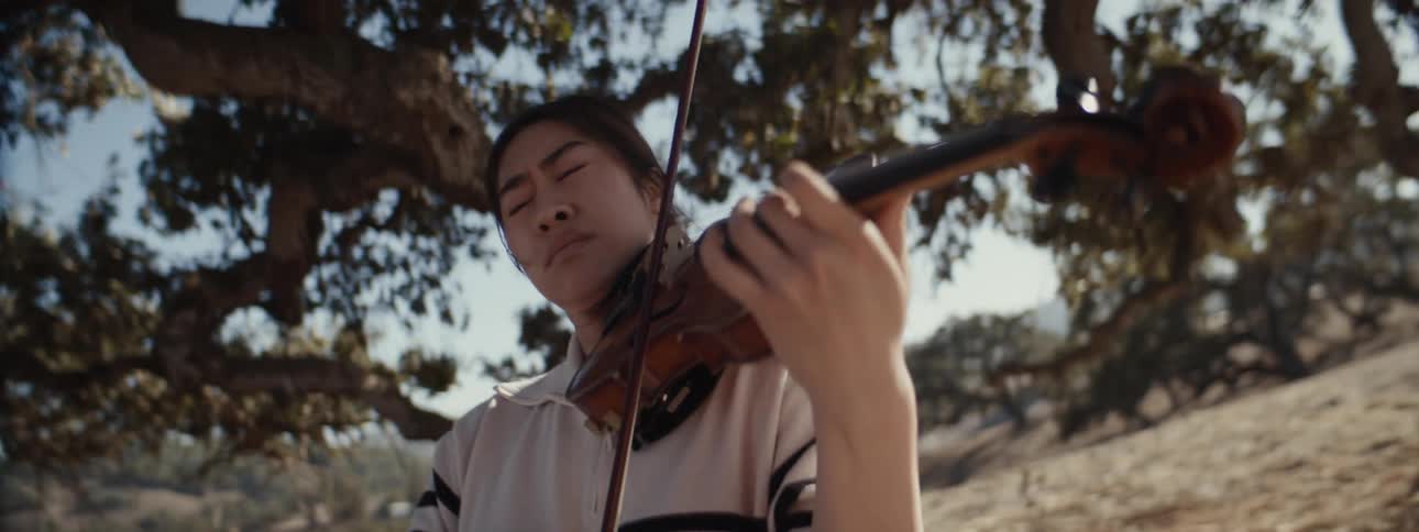 A woman is playing the violin under a tree