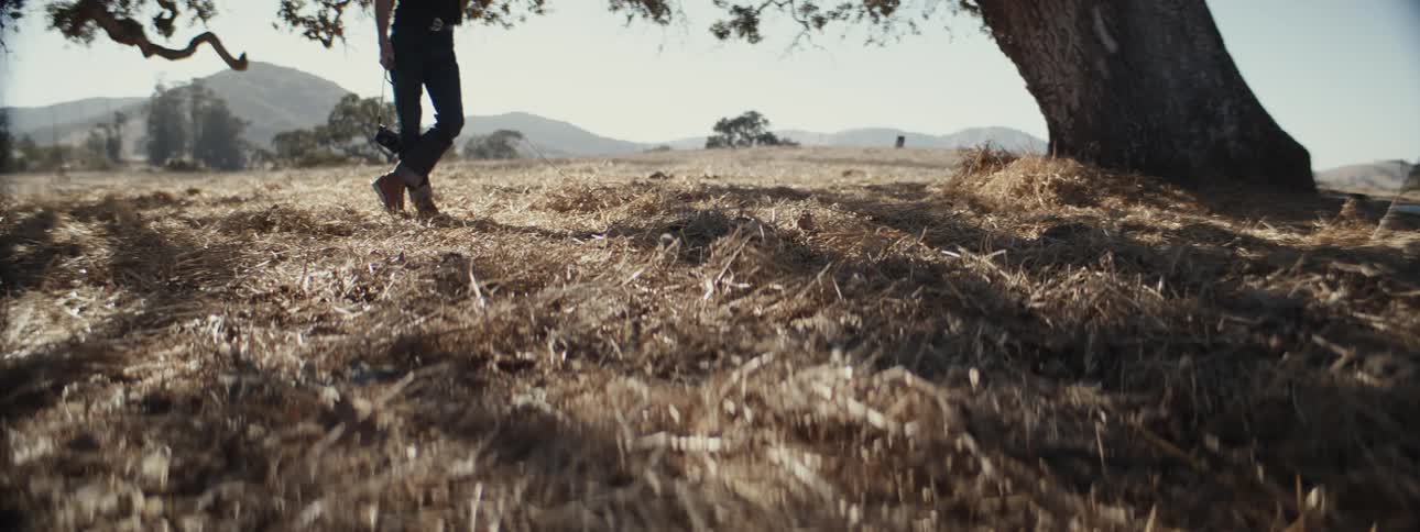 Legs of a static person in a field of dry grass next to a tree