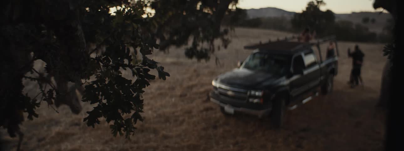 Small group of people enjoying the moment next to a truck in the middle of a natural field