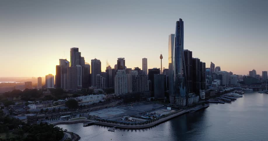Aerial panorama at dawn of a seaside metropolis