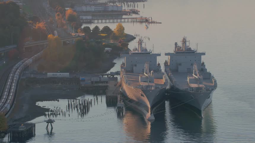 Two large ships moored at a pier next to a curved railway line with trees and structures at the waters edge